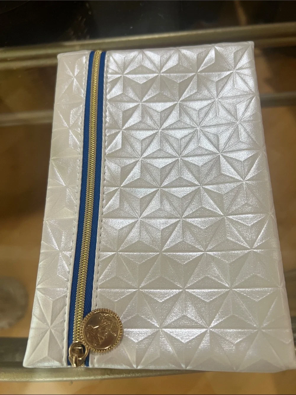 ipsy White Geometric Cosmetic Pouch with Blue Trim and Gold Pull